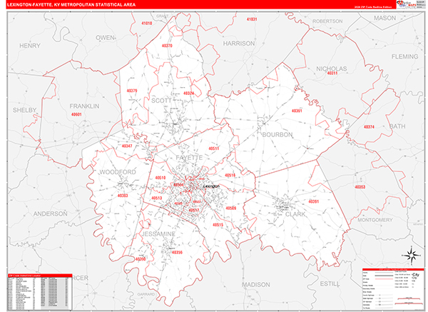 Lexington-Fayette Metro Area Wall Map Red Line Style